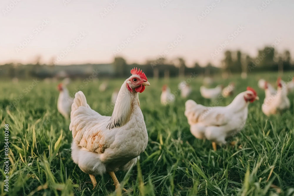 Free range chickens walking around in grass, enjoying open space and natural environment. Their lively presence adds sense of tranquility to rural landscape Free range chickens walking around in grass, enjoying open space and natural environment. Their lively presence adds sense of tranquility to rural landscape