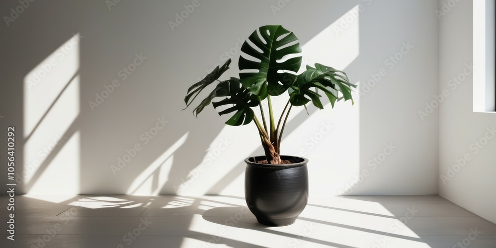 Indoor plant, monstera deliciosa, black ceramic pot, minimalist interior, white walls, sunlight streaming through windows, shadow patterns, hardwood floor, clean aesthetic, contemporary design, natura Indoor plant, monstera deliciosa, black ceramic pot, minimalist interior, white walls, sunlight streaming through windows, shadow patterns, hardwood floor, clean aesthetic, contemporary design, natura