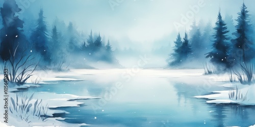 Winter landscape, misty forest, snow-covered trees, frozen lake, watercolor painting, blue tones, ethereal atmosphere, reflections on water, pine trees, foggy scene, serene wilderness, nature artwork,