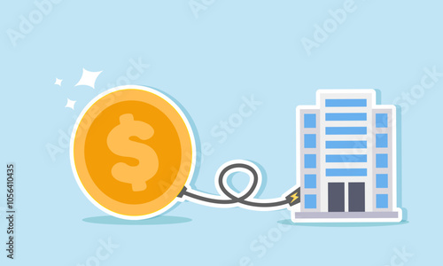 A company building is connected by power cables from dollar coins, illustrating how stable capital and finances can lead to a stable, resilient, and thriving business