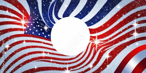 Abstract patriotic background, American flag colors, swirling design, red white and blue, stars and stripes, cosmic space theme, sparkles, dynamic motion, festive celebration, 4th of July, digital art