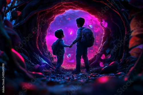 Fantasy-inspired scene of two characters exchanging a magical, glowing glance in an enchanted forest, capturing the surreal beauty of attraction, symbolizing wonder and connection