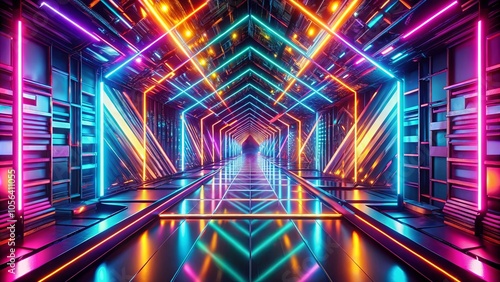 A futuristic corridor with vibrant neon lights illuminating the pathway and reflecting off the polished metal walls.