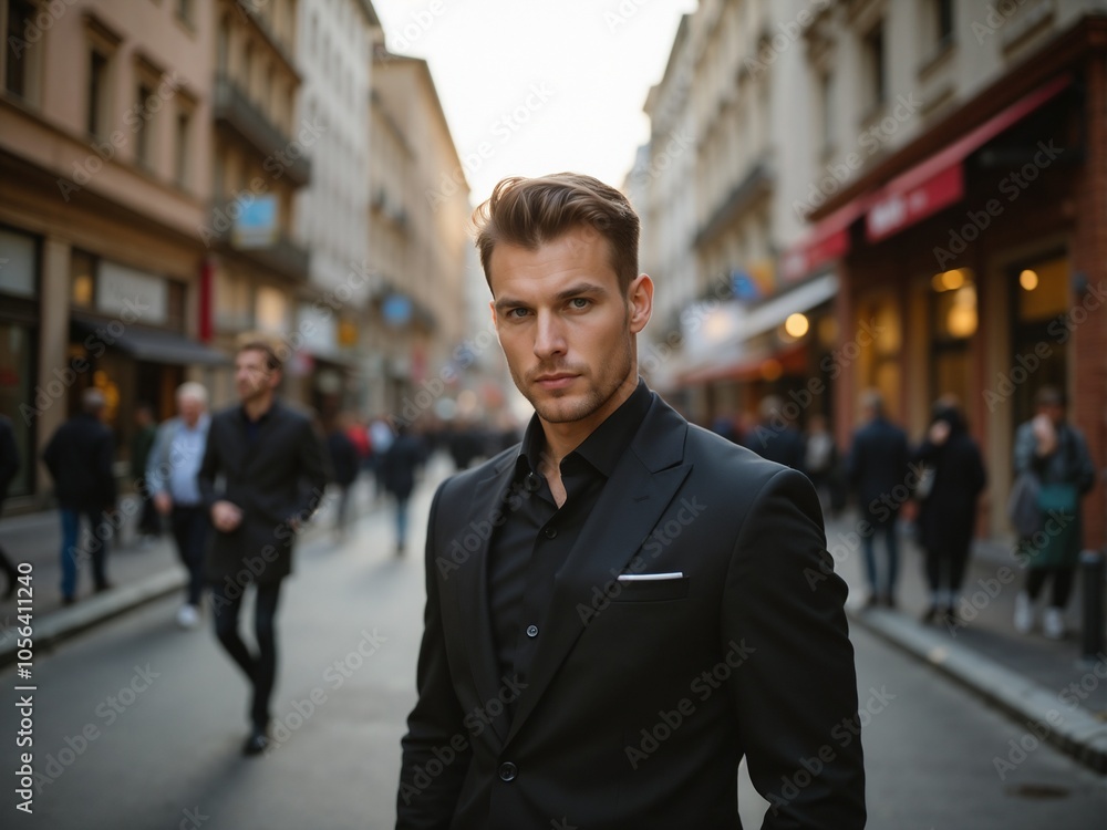 Confident Young Man in Formal Attire on Busy Urban Street at Sunset Confident Young Man in Formal Attire on Busy Urban Street at Sunset