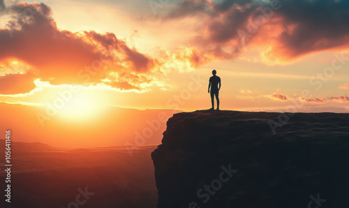 solitary figure stands on cliff, gazing at breathtaking sunset, experiencing sense of awe and wonder