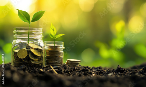 Two glass jars filled with coins and plant growing out of them, symbolizing growth and financial prosperity