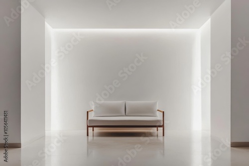 A minimalist modern living room featuring a white sofa against a clean, brightly lit backdrop with sleek lines and a serene atmosphere.