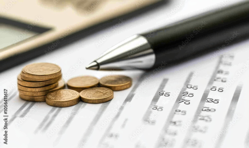 stack of coins and pen on financial document stack of coins and pen on financial document