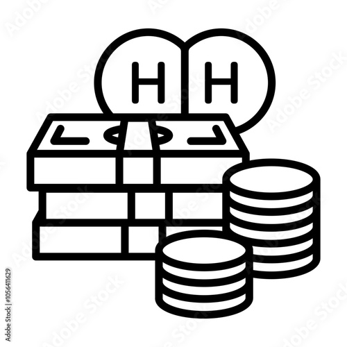 Icon of stacked money and hydrogen element symbol.