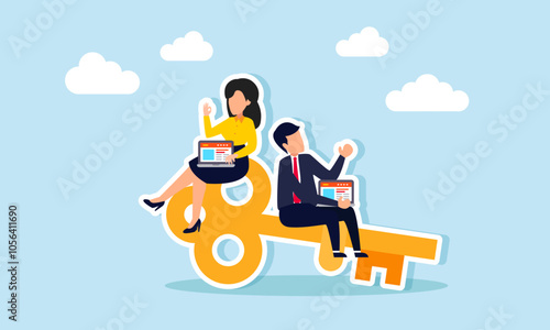 A businessman and businesswoman are sitting on a key while each holding a laptop, illustrating analysis and evaluation in searching for business problem solutions