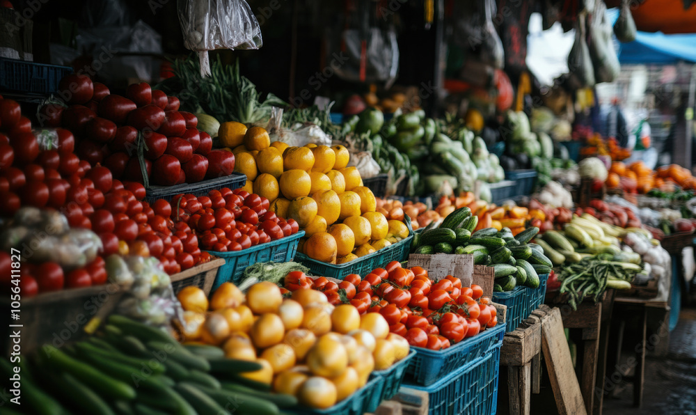 Vibrant produce on display at bustling market stall Vibrant produce on display at bustling market stall