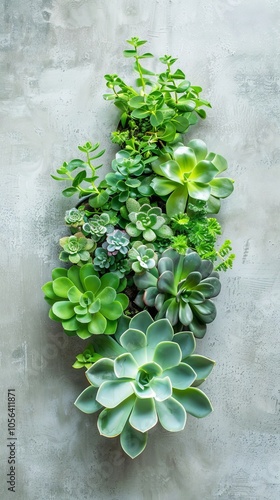 A vertical garden of various succulent plants mounted on a concrete wall, showcasing modern indoor gardening and stylish home decor. photo