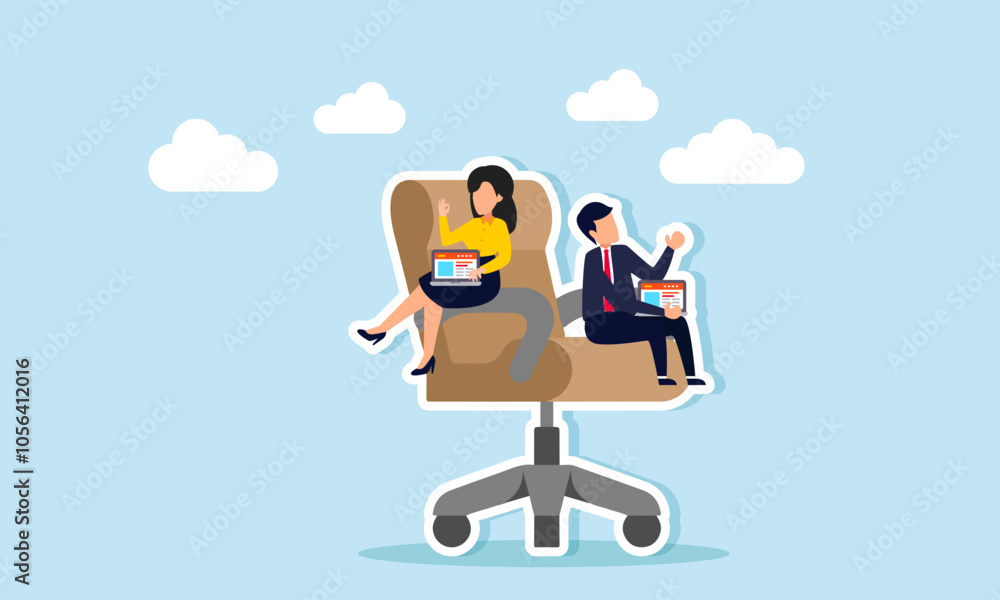 A businessman and businesswoman are sitting on office chairs while each holding a laptop, illustrating analysis and evaluation of company performance to improve and grow A businessman and businesswoman are sitting on office chairs while each holding a laptop, illustrating analysis and evaluation of company performance to improve and grow