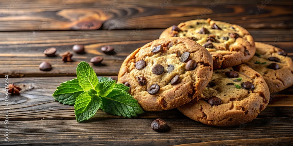 Aromatic Chocolate Chip Cookies with a Refreshing Mint Garnish Resting on a Rustic Wooden Surface Aromatic Chocolate Chip Cookies with a Refreshing Mint Garnish Resting on a Rustic Wooden Surface