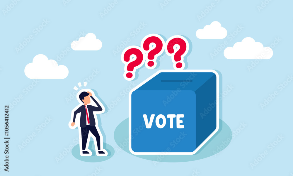 A businessman looks confused by a voting box with a question mark above it, illustrating uncertainty in choosing business policy direction A businessman looks confused by a voting box with a question mark above it, illustrating uncertainty in choosing business policy direction