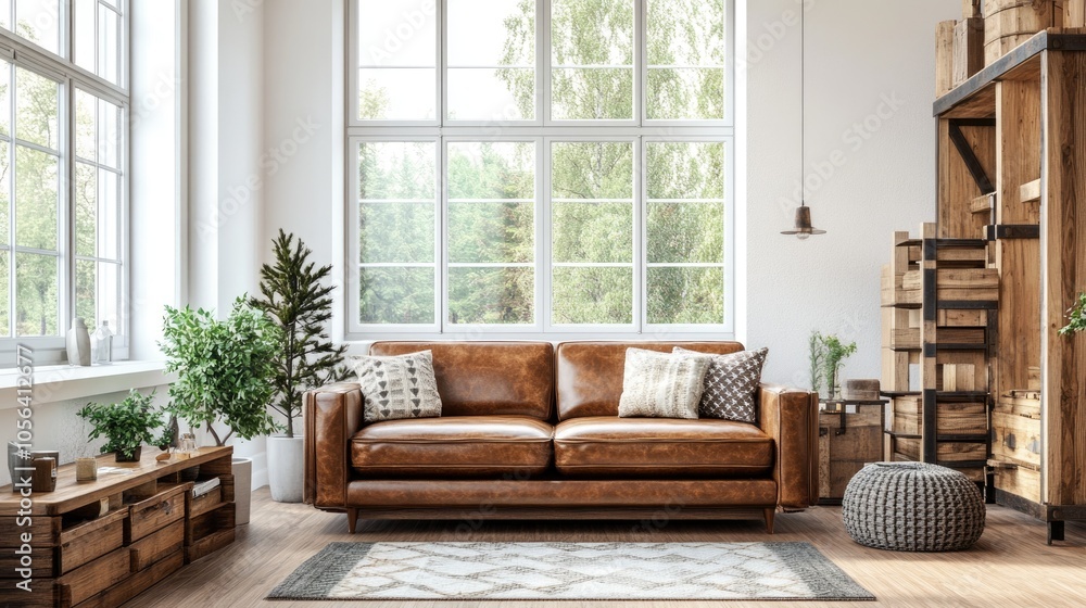 Hyperrealistic photo of a bright living room featuring a vintage leather sofa, rustic wooden furniture, and large windows letting in natural light. The stylish and cozy space is styled like a Hyperrealistic photo of a bright living room featuring a vintage leather sofa, rustic wooden furniture, and large windows letting in natural light. The stylish and cozy space is styled like a