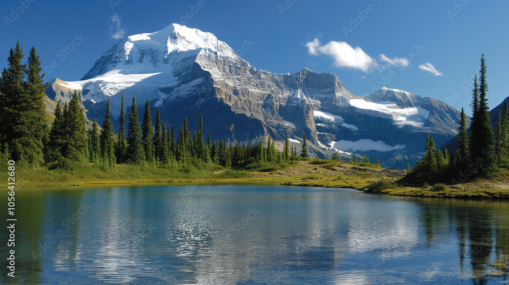 A beautiful mountain range with a lake in the foreground. The lake is calm. The scene is serene and peaceful, with the mountains A beautiful mountain range with a lake in the foreground. The lake is calm. The scene is serene and peaceful, with the mountains