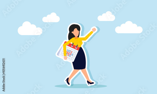 A businesswoman walks carrying a calendar schedule, illustrating business project completion aligned with the project timeline schedule
