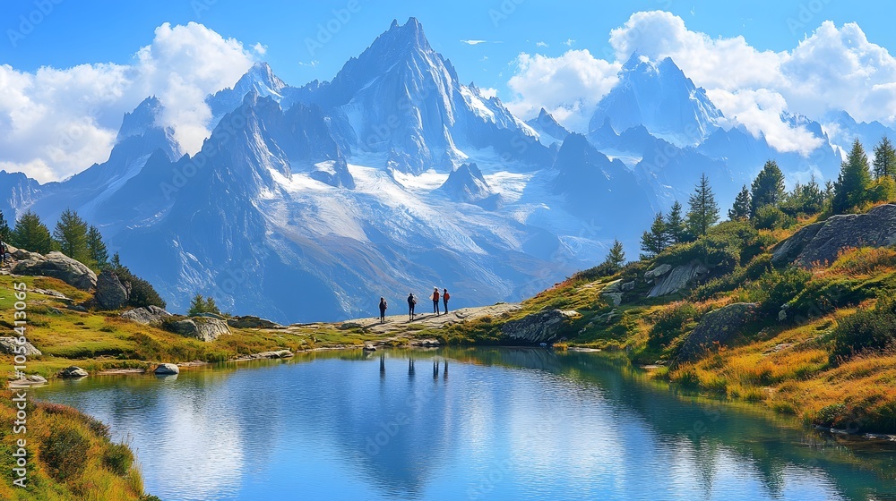 Obraz premium Amazing view on Monte Bianco mountains range with tourist on a foreground. Lac de Cheserys lake, Chamonix, Graian Alps. Landscape photography. 