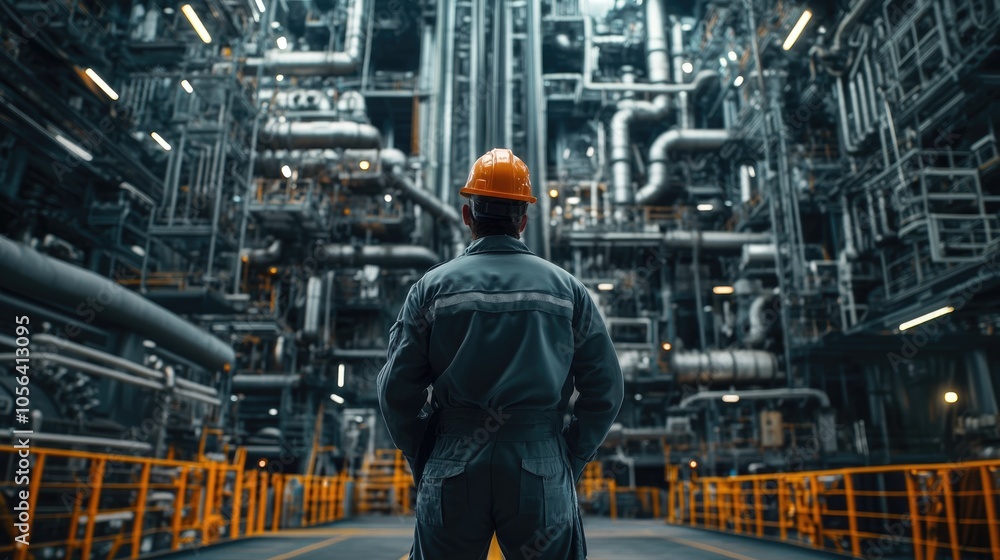 Hyperrealistic photo of an offshore technician standing in front of complex rig machinery, ensuring all systems are functional. The image is styled like a sleek magazine cover, professionally Hyperrealistic photo of an offshore technician standing in front of complex rig machinery, ensuring all systems are functional. The image is styled like a sleek magazine cover, professionally