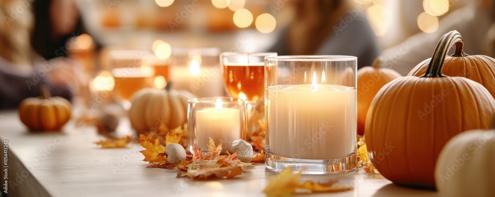 A cozy autumn setting with candles, pumpkins, and colorful leaves, perfect for celebrating the warm spirit of the season. A cozy autumn setting with candles, pumpkins, and colorful leaves, perfect for celebrating the warm spirit of the season.