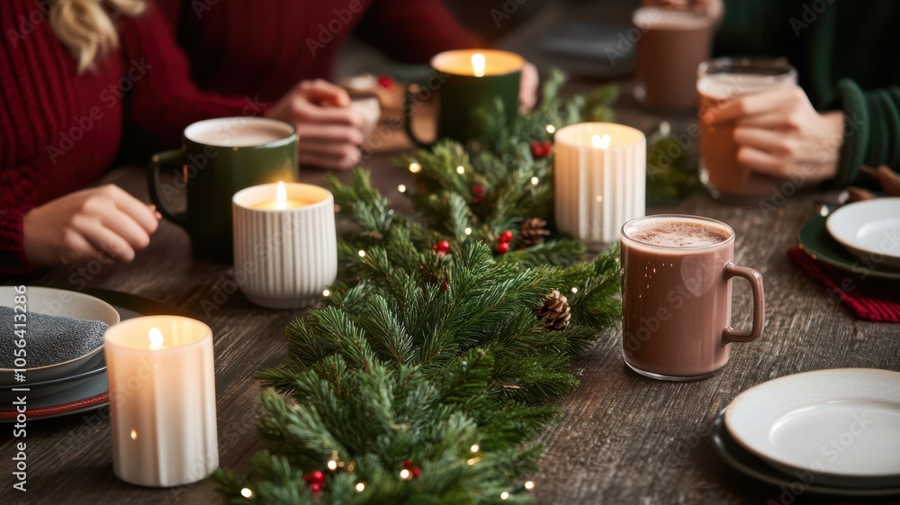 A cozy holiday gathering with friends enjoying warm drinks, festive candles, and a beautifully decorated table. A cozy holiday gathering with friends enjoying warm drinks, festive candles, and a beautifully decorated table.