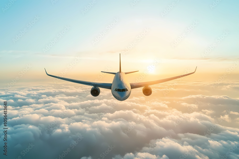 Obraz premium Airplane Flying Above Clouds at Sunrise