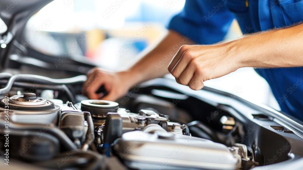 A mechanic is working on a car engine. The mechanic is wearing a blue shirt and has a hand on the engine A mechanic is working on a car engine. The mechanic is wearing a blue shirt and has a hand on the engine