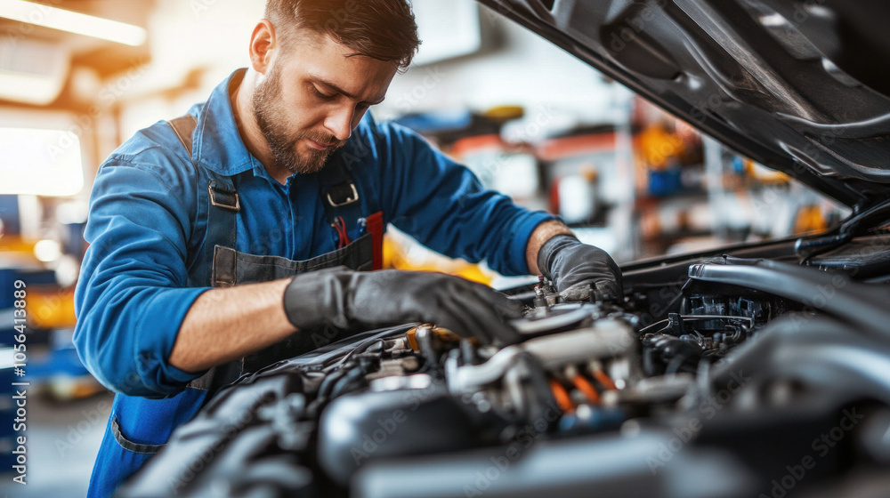 A man in a blue shirt and apron is working on a car engine. He is wearing black gloves and a red and white shirt A man in a blue shirt and apron is working on a car engine. He is wearing black gloves and a red and white shirt