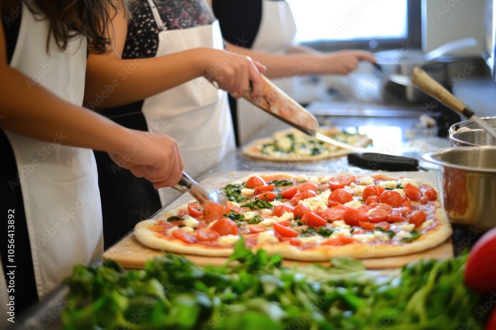 Friends in aprons, learning to make homemade pizzas from scratch in a fun and interactive cooking workshop Friends in aprons, learning to make homemade pizzas from scratch in a fun and interactive cooking workshop