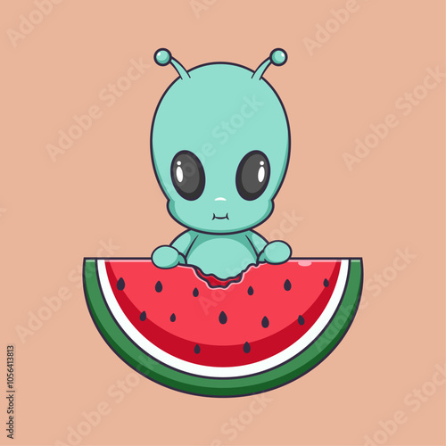 Cute alien eating watermelon Cartoon Vector Icon Illustration.
