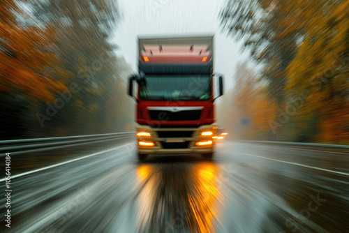 A transport truck swiftly driving through a rain-soaked road, with motion blur accentuating the vehicle’s speed and the challenges of delivering in all weather conditions photo