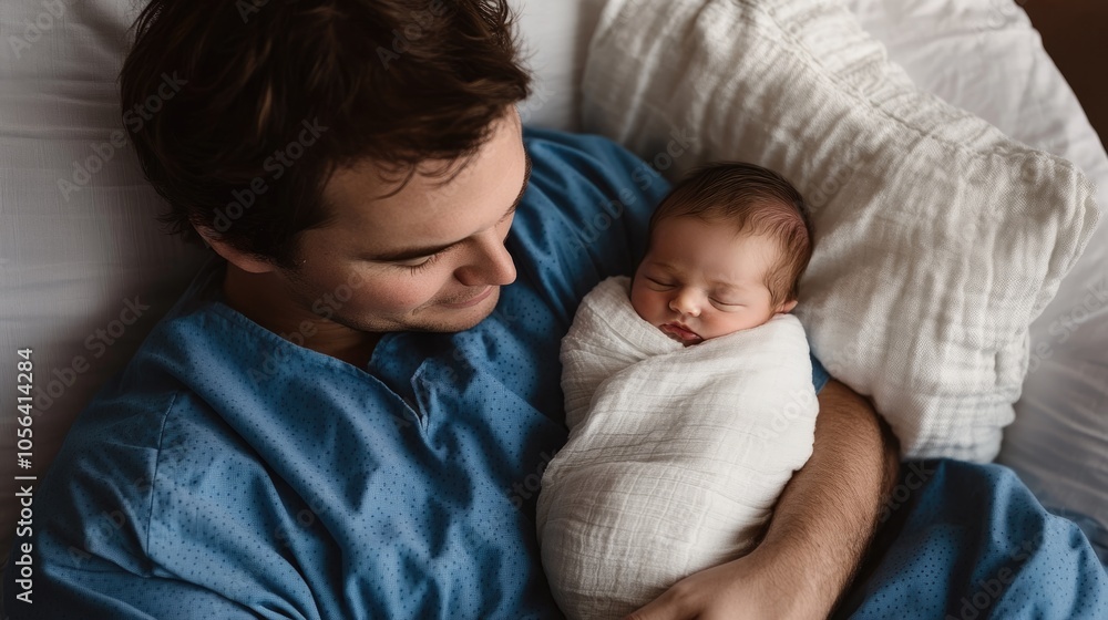 Very realistic photo of a calm father holding his newborn baby swaddled in a soft white blanket The father in a blue hospital gown gazes down at the sleeping baby, capturing the peaceful, loving bond Very realistic photo of a calm father holding his newborn baby swaddled in a soft white blanket The father in a blue hospital gown gazes down at the sleeping baby, capturing the peaceful, loving bond