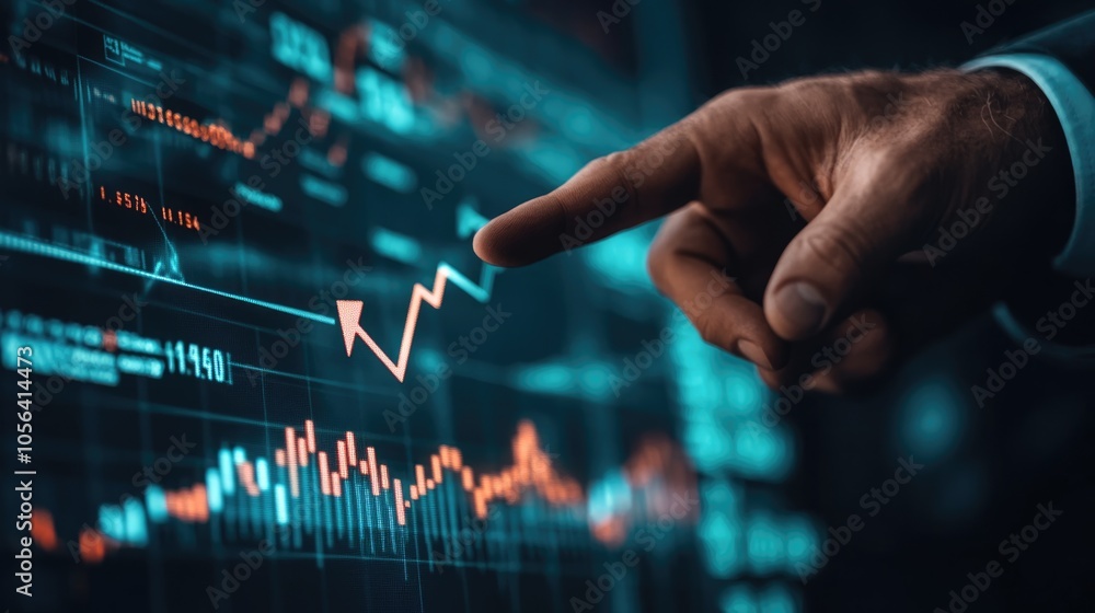 Very realistic photo of a businessman pointing at a financial chart with a growing arrow while stock market data floats in the background Symbolizing financial success and corporate growth Styled Very realistic photo of a businessman pointing at a financial chart with a growing arrow while stock market data floats in the background Symbolizing financial success and corporate growth Styled