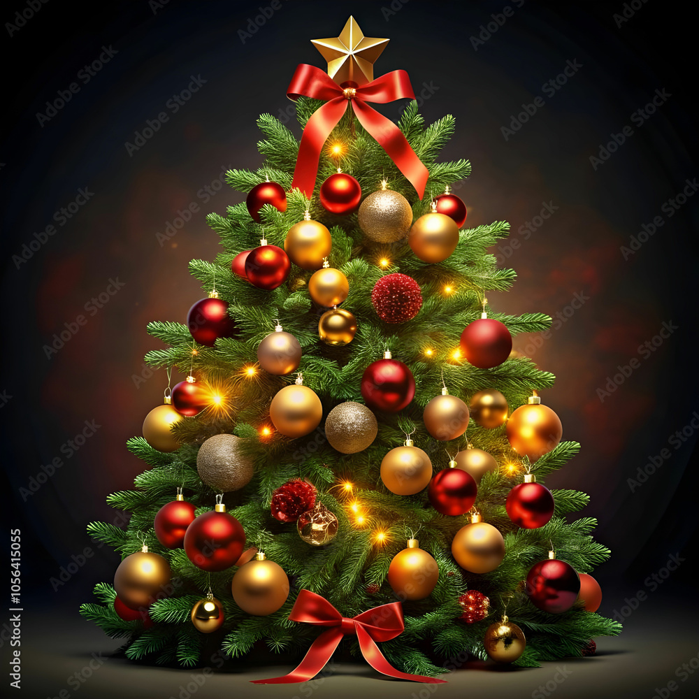 Christmas gold red green bulbs with ribbon on red Christmas gold red green bulbs with ribbon on red