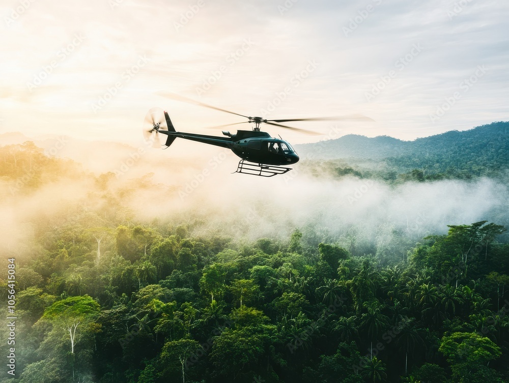 Fototapeta premium A helicopter flying above a lush green forest, surrounded by mist and mountains, capturing the beauty of nature from above.