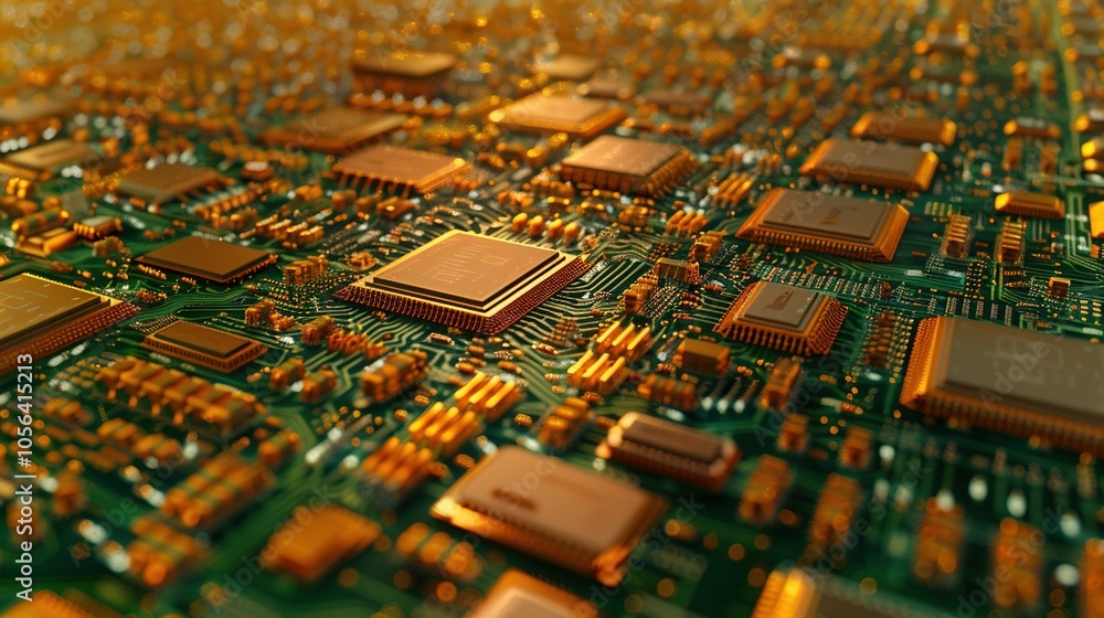 Obraz premium Advanced Technology Visualization: Printed Circuit Board Server with Glowing Code and Bokeh Effects