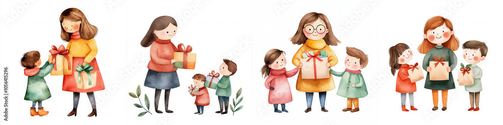 A colorful illustration of a mother and children exchanging gifts, capturing the joy of family and sharing. A colorful illustration of a mother and children exchanging gifts, capturing the joy of family and sharing.