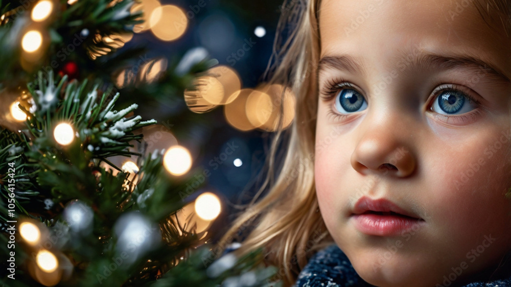 A close-up of a child's face as they gaze in wonder at a beautifully decorated Christmas tree, with individual snowflakes
falling on their eyelashes and the reflection of the twinkling lights in thei A close-up of a child's face as they gaze in wonder at a beautifully decorated Christmas tree, with individual snowflakes
falling on their eyelashes and the reflection of the twinkling lights in thei