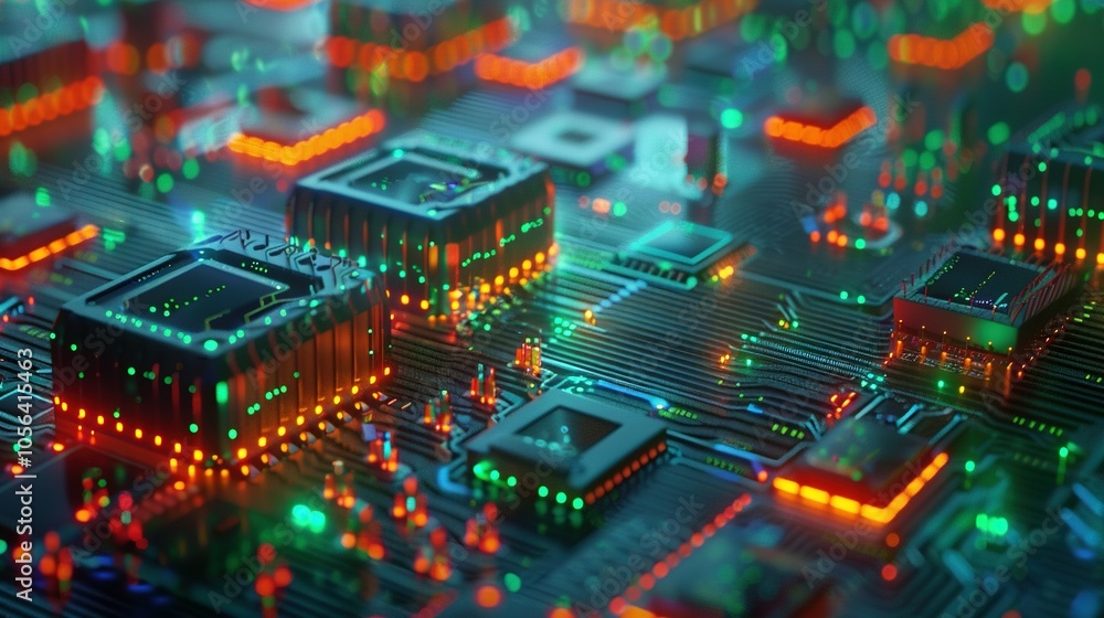Advanced Technology Visualization: Printed Circuit Board Server with Glowing Code and Bokeh Effects Advanced Technology Visualization: Printed Circuit Board Server with Glowing Code and Bokeh Effects