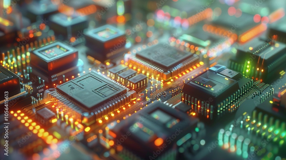 Dynamic Server Architecture: 3D Render of Circuit Board with Colorful Background and Code Processing Dynamic Server Architecture: 3D Render of Circuit Board with Colorful Background and Code Processing