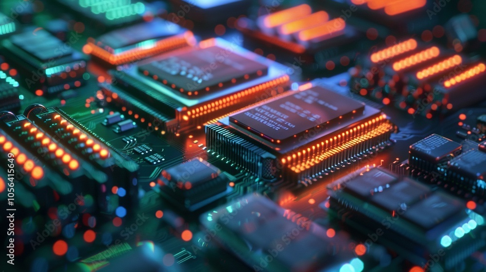Dynamic Server Architecture: 3D Render of Circuit Board with Colorful Background and Code Processing Dynamic Server Architecture: 3D Render of Circuit Board with Colorful Background and Code Processing