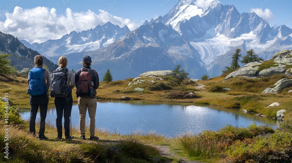 Amazing view on Monte Bianco mountains range with tourist on a foreground. Lac de Cheserys lake, Chamonix, Graian Alps. Landscape photography. Amazing view on Monte Bianco mountains range with tourist on a foreground. Lac de Cheserys lake, Chamonix, Graian Alps. Landscape photography.