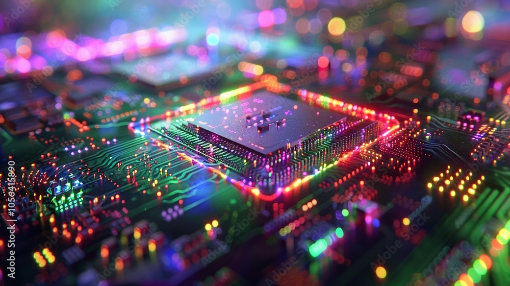 Obraz premium Illuminated Circuitry: Futuristic Server Design Featuring Colorful Bokeh and Code Processing Elements