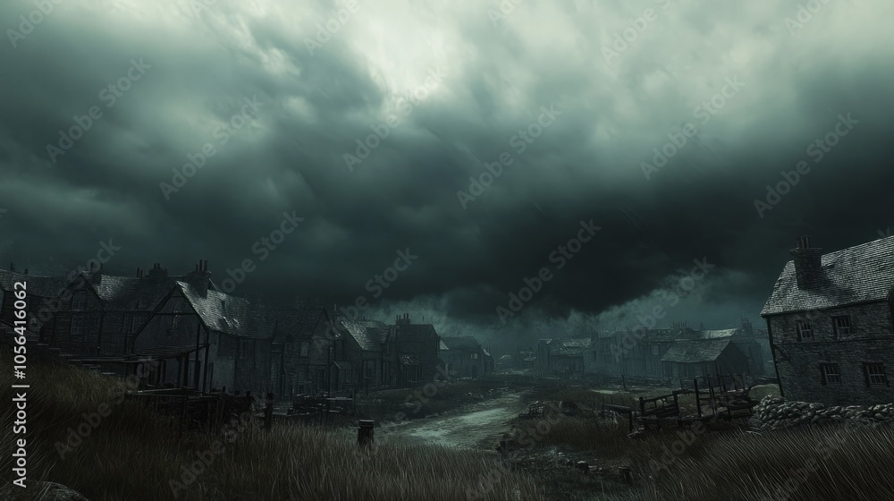 Heavy clouds darkening the sky over a quiet town, with the wind beginning to blow and the rain approaching generative ai Heavy clouds darkening the sky over a quiet town, with the wind beginning to blow and the rain approaching generative ai