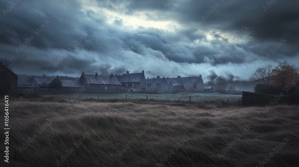 Heavy clouds darkening the sky over a quiet town, with the wind beginning to blow and the rain approaching generative ai Heavy clouds darkening the sky over a quiet town, with the wind beginning to blow and the rain approaching generative ai