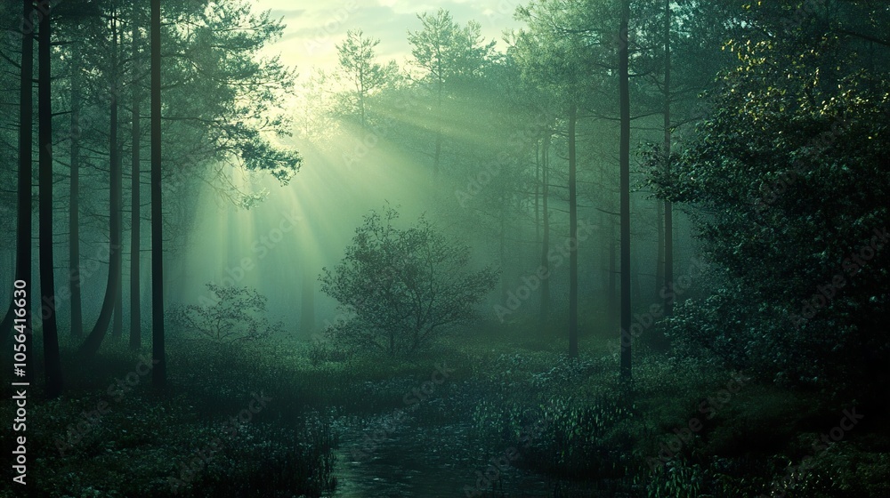 Fototapeta premium Sunbeams Through a Misty Forest - A Tranquil Landscape