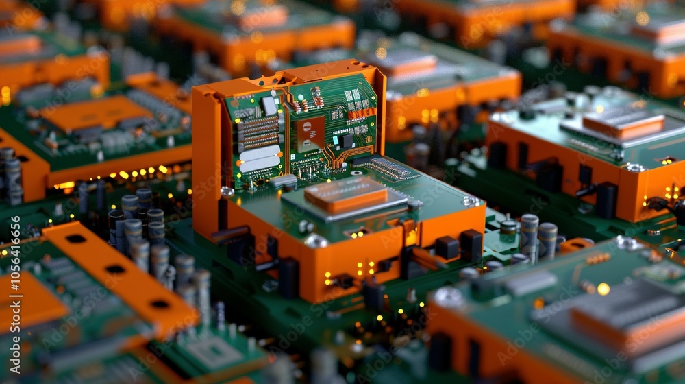 Obraz premium Tech Innovation Showcase: 3D Circuit Board Server with Bright Colors and Abstract Code Background