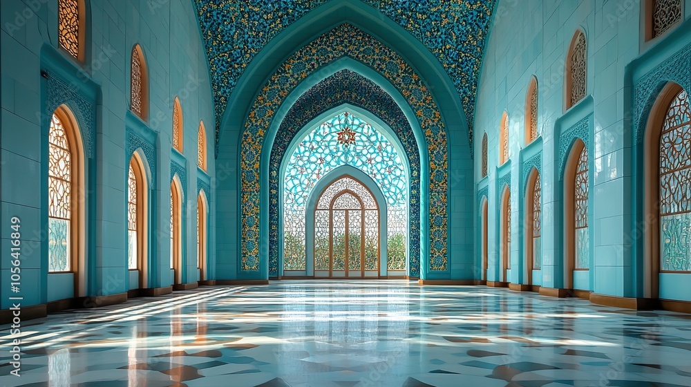 Stunning Interior of a Mosque with Blue Walls and Ornamental Arches Stunning Interior of a Mosque with Blue Walls and Ornamental Arches