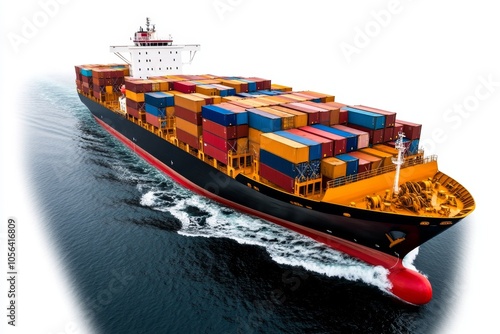 a 2D cartoon illustration of a cargo ship loaded with containers powerful and essential white background photo